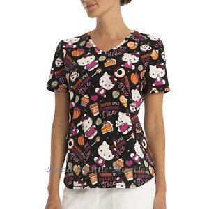 Hello Kitty Scrub Top Shirt Halloween Pumpkin Spice Womens Size XS-3XL Plus Fall