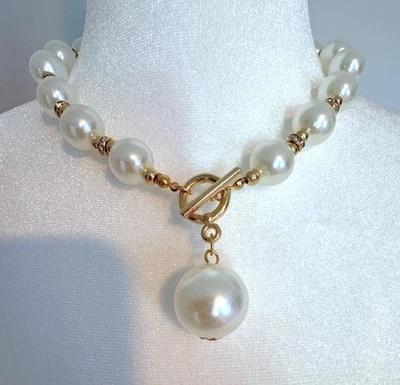 Large Faux Pearls Necklace/Earrings Set  Gold Tone - Image 1 of 3