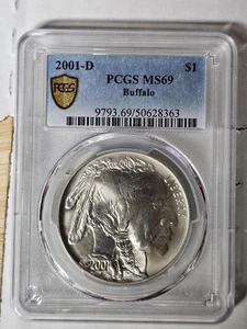 2001-D, Silver Dollar Commemorative Buffalo PCGS MS69 Gold Shield. - Picture 1 of 2