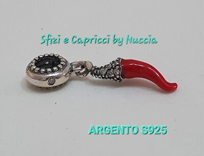Charm ciondolo ARGENTO S925 cornetto rosso e zirconi Per bracciale portafortuna  - Immagine 1 di 3