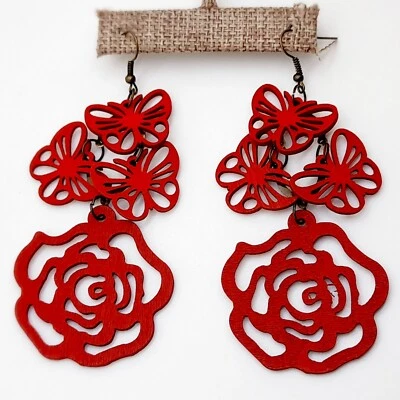 Pendientes Bohemia Mariposa 4 Pulgadas Largo Ligeros Rojo Madera Flor Gota Moda Foto 1 de 4