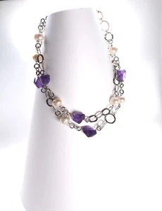 Handgefertigte lila Amethyst rosa Perle langer oder doppelter Strang Silber Kette Halskette  - Bild 1 von 9