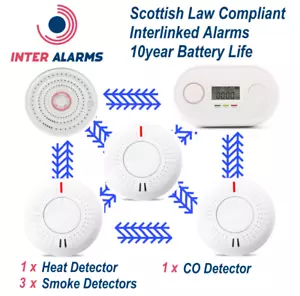 Wireless Interlinked Heat & Smoke Alarm Kit - 1xHeat, 3xSmoke, 1xCO Scottish Law - Picture 1 of 5