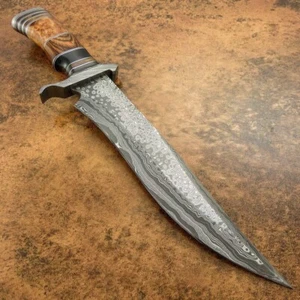 18" MACHETE STUNNING CUSTOM MADE HAN FORGED DAMASCUS STEEL BOWIE, TINTED BONE - Picture 1 of 4