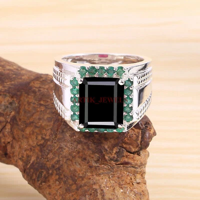 Anillo De Hombre De Ónix Negro Y Verde Con Plata Esterlina 925 #5814 - Imagen 1 de 4