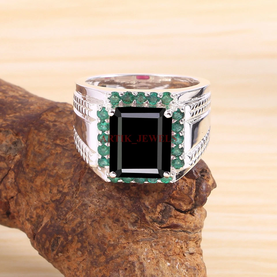 Anillo De Hombre De Ónix Negro Y Verde Con Plata Esterlina 925 #5814 - Imagen 1 de 4