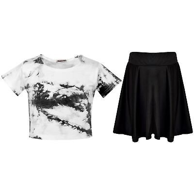 Kids Girls Crop Top & Skirt Black Tie Dye Print Summer Outfit Clothing Sets • 16.06€