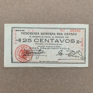 Rare PANCHO VILLA Banknote Mexico 25 Centavos Mexican Currency. Chihuahua Money - Picture 1 of 6