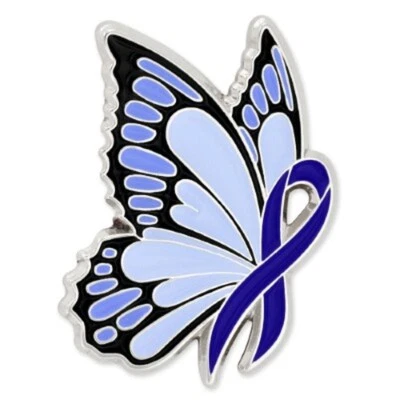 PinMart's Blue Ribbon Butterfly Pin - Awareness Ribbon Enamel Pin - Image 1 of 3