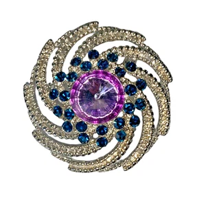 Vintage Faux Amethyst Purple Rhinestones Silver-Tone Large Brooch 2 1/8 in Round - Picture 1 of 4