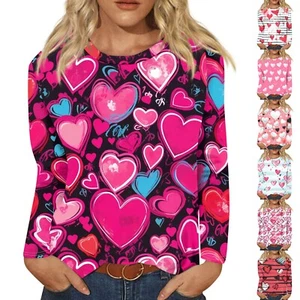 Women's Fashion Casual Crew-neck Long Sleeve T-shirt Valentine's Day Love Print - Picture 1 of 33