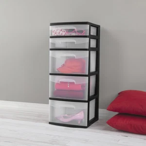 Sterilite Plastic Storage 5 Drawer Tower Rolling Cart Clear Black Cabinet Dorm - Picture 1 of 7