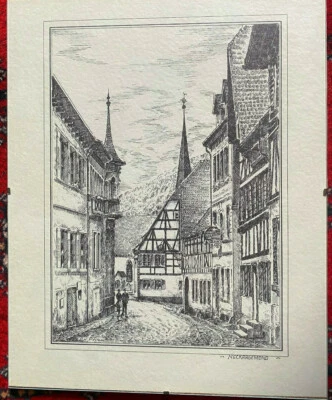 ::ZEICHNUNG NECKARGEMÜND ANTIK SIGNIERT GASSE ALTSTADT HÄUSER SIGNIERT RAHMEN  - Bild 1 von 4