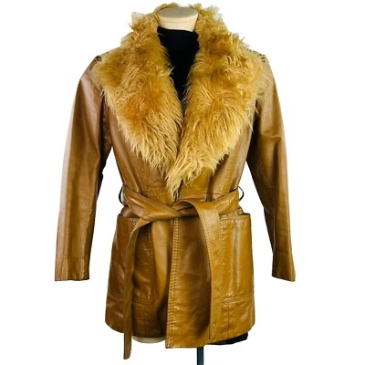 VTG Leather Coat MOD Jacket MCM Boho Hippie CARAMEL faux fur Penny Lane MEDIUM? - Image 1 of 4