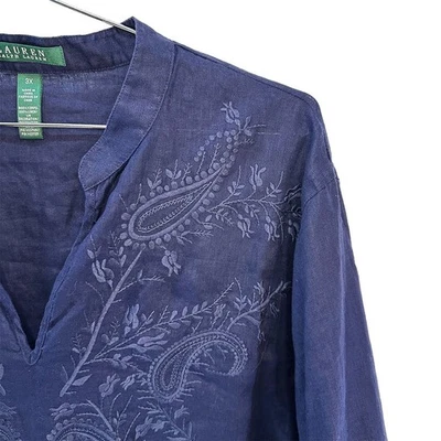 LAUREN RALPH LAUREN 100% Linen Embroidered Boho Tunic Blouse • 3X • navy blue - Image 1 of 4