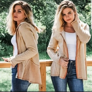 ODDY distressed mixed knit full zip hoodie tan small - Picture 1 of 8
