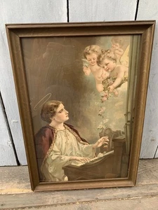 Große antike farbige Lithographie Hl. Cäcilia Schutzpatronin Holzrahmen Cherubs - Bild 1 von 8