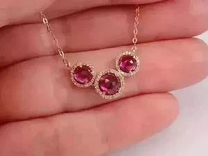 Lab Created Red Ruby 3Ct Round Cut 3 Stone Wedding Pendant 14K Rose Gold Plated - Picture 1 of 6