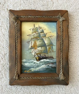 Walden? Vintage signiertes Ölgemälde Klipper Schiff Möwe Vogel Holzrahmen Ozean - Bild 1 von 12