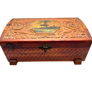 Vintage 50er Jahre handgeschnitzt Zedernholz Schmuckkästchen Spiegel Windmühle Fußfuß - Bild 1 von 24