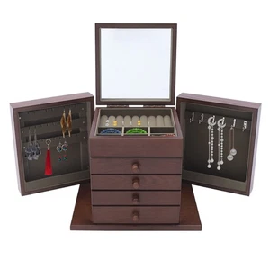 5 Layers Case Vintage Large Jewelry Organizer Wooden Storage Box w/ 4 Drawers - Picture 1 of 24