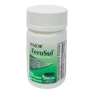 Major FeroSul Green Tablets (Ferrous Sulfate) 325mg/5gr 100ct - EXP:11-2027 - Picture 1 of 9