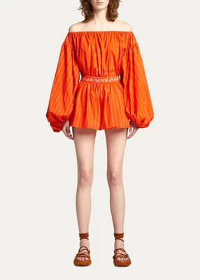 Caroline Constas Orange Teagen Embroidered Toile Culotte Shorts Striped, Size XS - Image 1 of 4