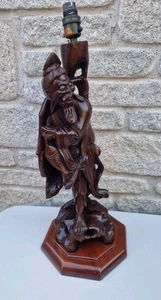 Beautiful Vintage Chinese Carved Hardwood Elderly Immortal Lamp Base Figure - Picture 1 of 23