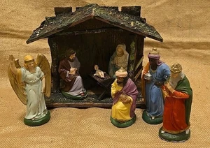 Vintage Deutsche Putz Weihnachtskrippe 8-teilig - Bild 1 von 18
