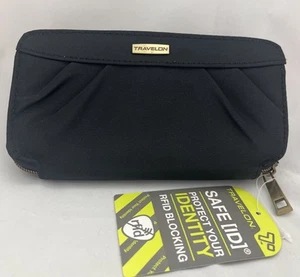 Travelon RFID blockierende Anti-Diebstahl Kalbsleder Clutch Geldbörse schwarz Reise Neu mit Etikett - Bild 1 von 8
