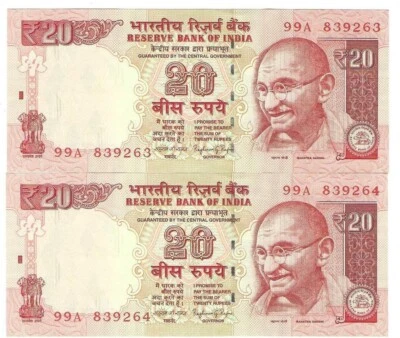 2014 India 20 Rupee P103g UNC 2 Consecutive Notes Prefix 99A - Image 1 of 2