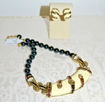 New $530 Heidi Daus EVENT APPEAL Set Enamel Crystal Collar Necklace Clip Earring - Image 1 of 4