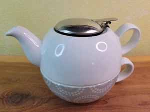 FORLIFE Tea for One Stackable Pot & Mug W/ Infuser Gray-White For Bags Or Loose  - Picture 1 of 4