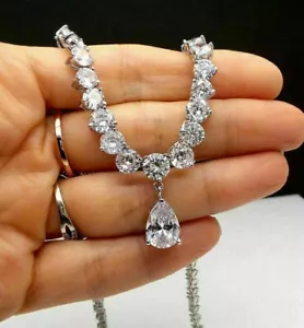 22 Karat Lab erstellt Birne & runder Diamant 18 Zoll Tennis Halskette 14K weiß vergoldet - Bild 1 von 4