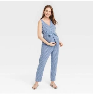 The Nines By Hatch Maternity Jumpsuit Blue Linen Cotton Blend XXL - Picture 1 of 7