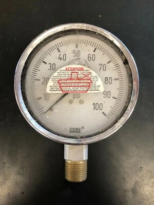 Wika Gauge 4" 0/100 PSI 1/2 NPT Bottom Mount Liquid Filled - Image 1 of 3