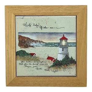 VTG TRIVET Oregon Lighthouse Ceramic Lovely Lady of the Sea  2000 Wooden Frame - Picture 1 of 2