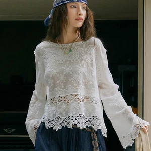 Camisetas pulóver de manga larga ahuecadas 100 % algodón de encaje estilo francés para mujer talla - Imagen 1 de 25