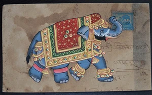 Postal antigua de colección India con pintura en miniatura de elefante - Imagen 1 de 2
