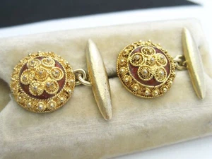 Antique Portugal Sterling Silver Gold Cufflinks Red Enameled Filigree Portuguese - Picture 1 of 10