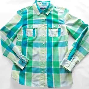Tommy Hilfiger Petite Sz S Button Up Roll Tab Long Sleeve Green Blue Plaid Shirt - Picture 1 of 5