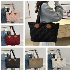 Zipper Cotton Padded Tote Bag Commute Diamond Pattern Handbag Unisex - Picture 1 of 12
