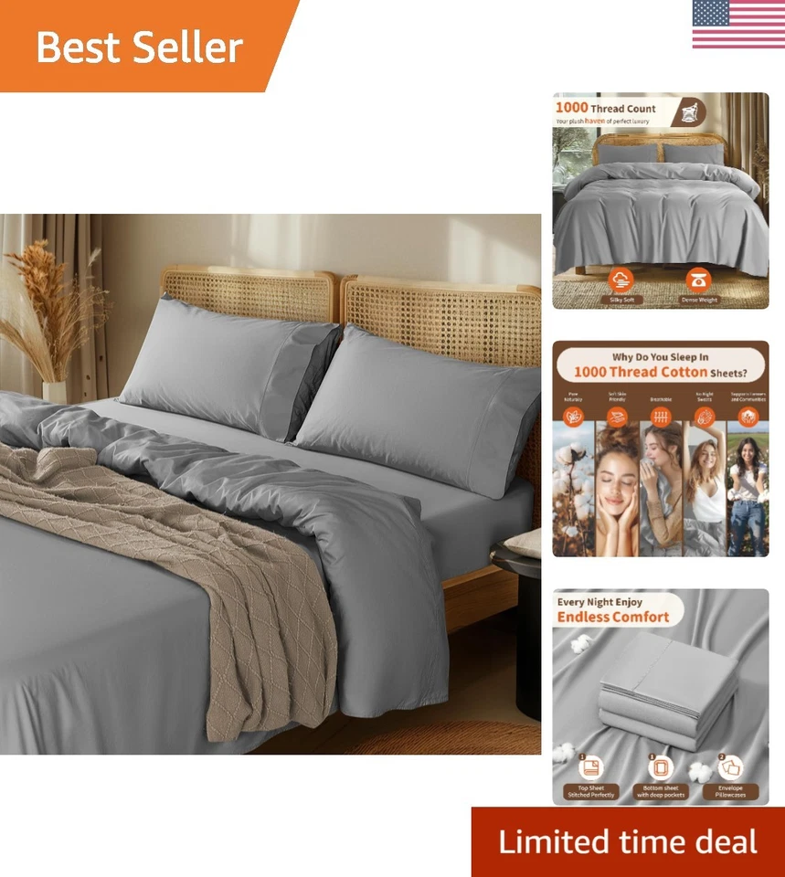 Lujoso Juego de Sábanas Queen de Algodón Egipcio 1000 Hilos - Gris, 4 Piezas Foto 1 de 4