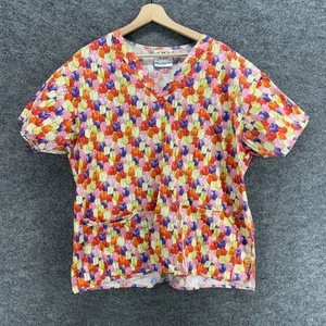 Crest Scrub Top Women L Large Pink Floral V-Neck Short Sleeve Pockets Cotton - Picture 1 of 6