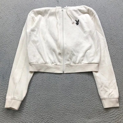 Playboy by PacSun Cropped Hooded Jacket Women's Medium Full Zip Drawstring White - Image 1 of 4