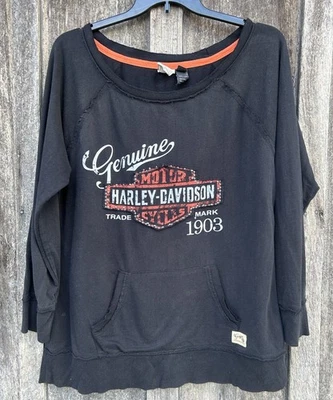 Harley Davidson Women’s (XL) Black Graphic Print Pullover Sweatshirt w/Pouch USA - Image 1 of 4