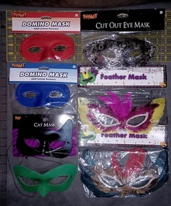 X7 Lot Mardi Gras Masquerade Ball Domino Masks Red Blue Green Black Cat Feathers - Picture 1 of 10
