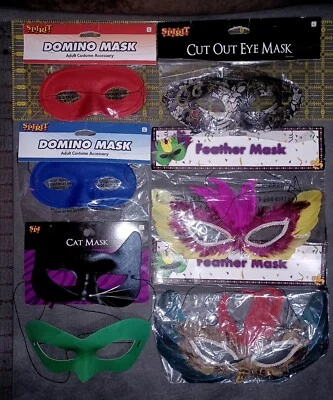 X7 Lot Mardi Gras Masquerade Ball Domino Masks Red Blue Green Black Cat Feathers - Image 1 of 4