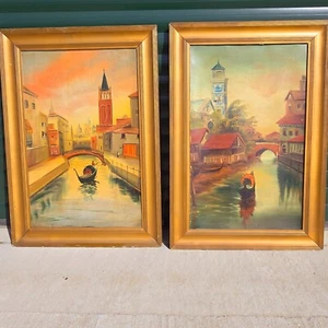 Coppia dipinti veneziani 'Grand Tour' olio su tavola originali vecchi vintage 60x84 cm - Foto 1 di 24