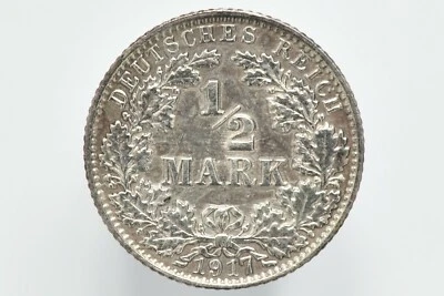 1917 G Germany Silver 1/2 Mark Coin KM# 17 - Image 1 of 3